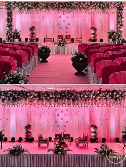 A beautiful pink-themed stage and seating arrangement for a modern engagement or reception.