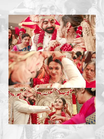 A triptych of candid moments from the wedding ceremony, showing the rituals and the emotional exchanges between the couple and their family.