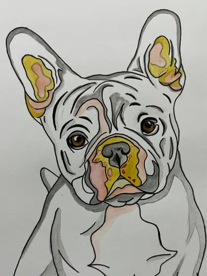 A stylized ink and watercolor painting of a French Bulldog, focusing on expressive lines and pops of color.