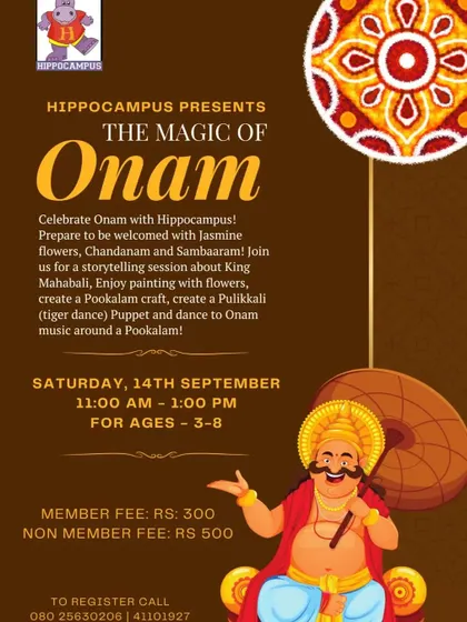 Come experience the magic of Onam! We welcome everyone with jasmine flowers, listen to the story of King Mahabali, and even learn the Pulikali tiger dance.