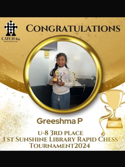 Congratulations to Greeshma P for her 3rd place finish in the U-8 category at the 1st Sunshine Library Rapid Chess Tournament.