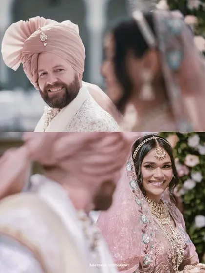 A close-up collage of the bride and groom exchanging loving glances during their Sikh wedding ceremony.