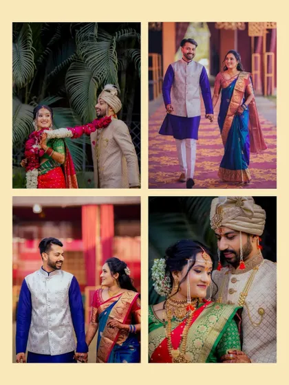 A collage of four beautiful moments from an engagement, showing playful interactions, romantic portraits, and the couple walking together.