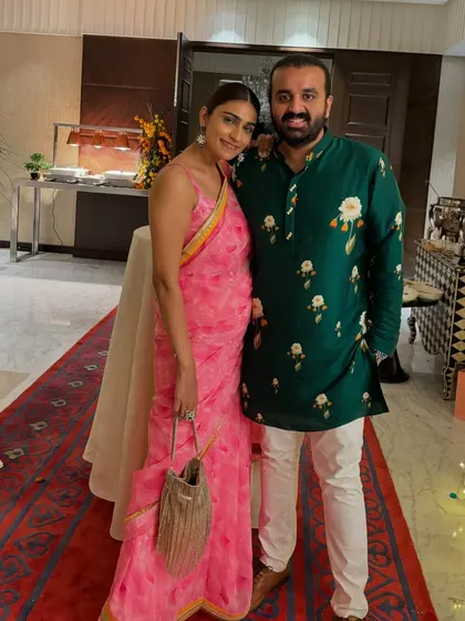 A bright and happy look in a pink printed saree from House of Masaba. This is a great example of fun, contemporary Indian wear.
