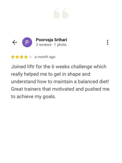 Poorvaja joined our 6-week challenge and lost 5.3 kgs and 9.5 inches. She learned how to maintain a balanced diet and was pushed by our trainers to achieve her goals.