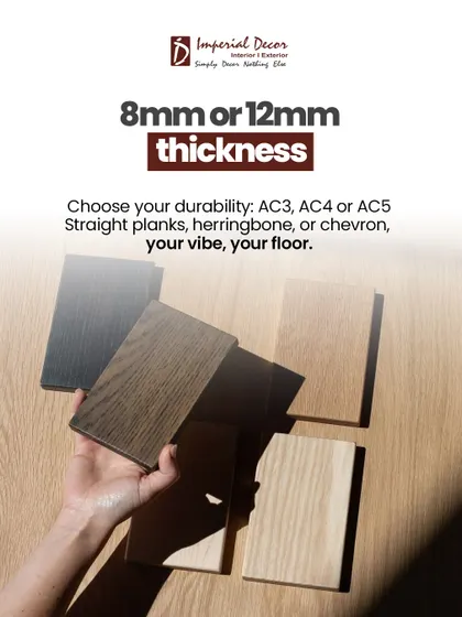 With laminate flooring, you can choose your durability. We offer it in 8mm or 12mm thickness and different abrasion grades like AC3, AC4, or AC5 for varying levels of foot traffic. You can also pick your style with straight planks, herringbone, or chevron patterns. Your vibe, your floor.