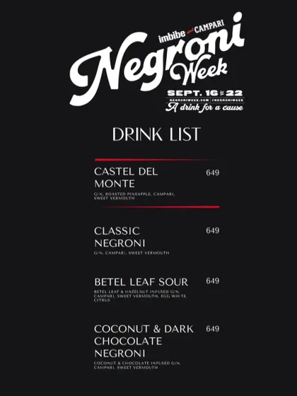 My drink list for Negroni Week, featuring four unique takes on the classic, from a Betel Leaf Sour to a Coconut & Dark Chocolate version.