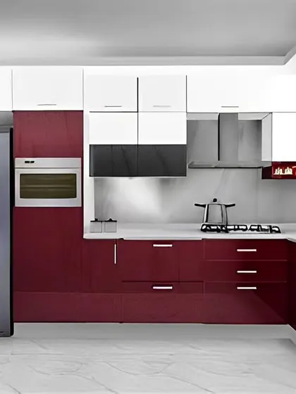A luxurious kitchen design with glossy maroon and white cabinets, offering a bold and modern color statement.