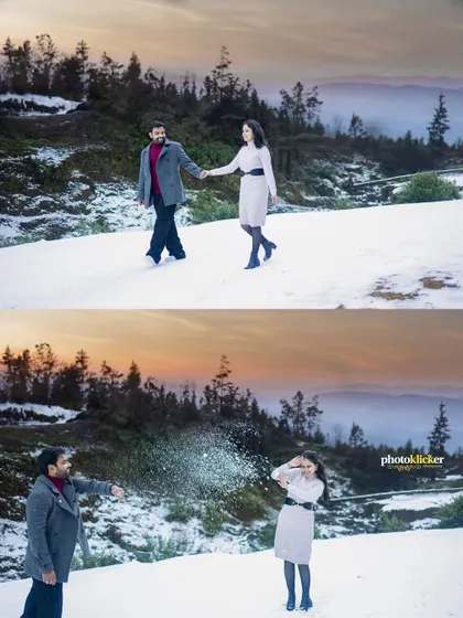 A playful moment as a couple has a snowball fight, capturing their fun and spontaneous connection during a winter photoshoot.