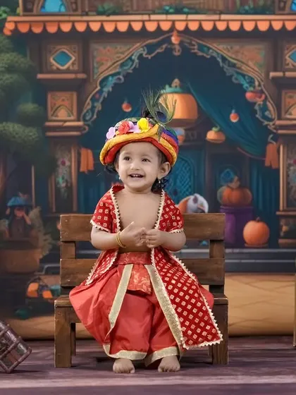 A beautiful little Krishna in an ornate, palace-like setting. We create elaborate backdrops for truly magical photos.