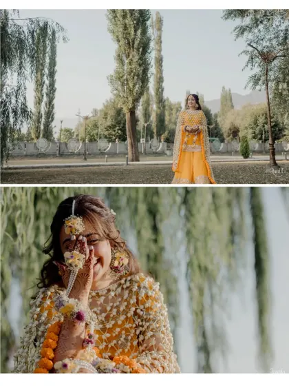 A diptych of the bride during her Kashmiri haldi, capturing both a full-length portrait and a candid moment of laughter.
