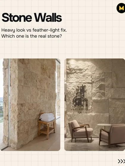 One of these is a heavy, real stone wall, and the other is a feather-light PU stone panel. The panel on the right gives you the same rustic look but is much easier and more affordable to install.