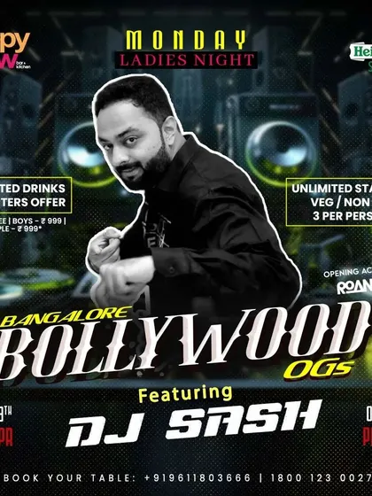 Another poster for the 'Bangalore Bollywood OGs' Ladies' Night, offering unlimited drinks and starters to make the night special.