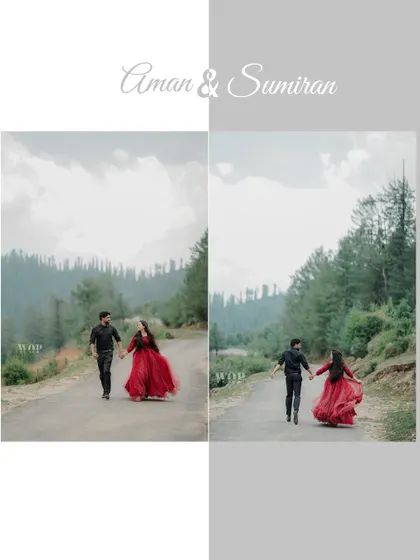 A couple in a striking red gown and black shirt, walking down a mountain road. The color contrast and the natural landscape create a powerful and romantic image.
