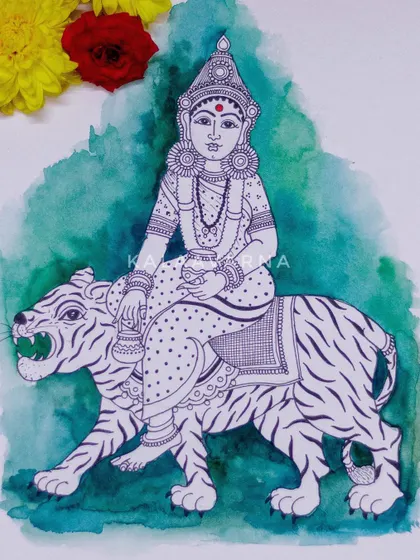A duplicate image of my Kalamkari-style drawing of Devi Brahmacharini. The combination of detailed ink work and soft watercolor is a signature of this series.