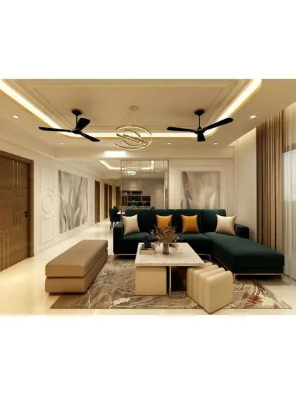 A contemporary living room with a deep green L-shaped sofa, providing a rich pop of color. The design is balanced with neutral walls, a marble-topped coffee table, and soft, ambient lighting.