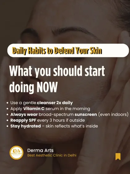 Daily habits to defend your skin. This graphic lists essential actions like using a gentle cleanser, applying Vitamin C, and wearing broad-spectrum sunscreen.