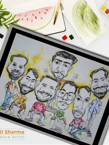 The digitally displayed version of the colored group caricature. This format is perfect for sharing online or for making high-quality prints.