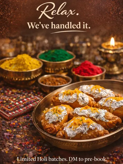 Getting ready for Holi with our special Chandrakala, a version of Gujiya. These festive sweets are filled with a rich mixture and fried, ready for you to enjoy without the stress of making them.