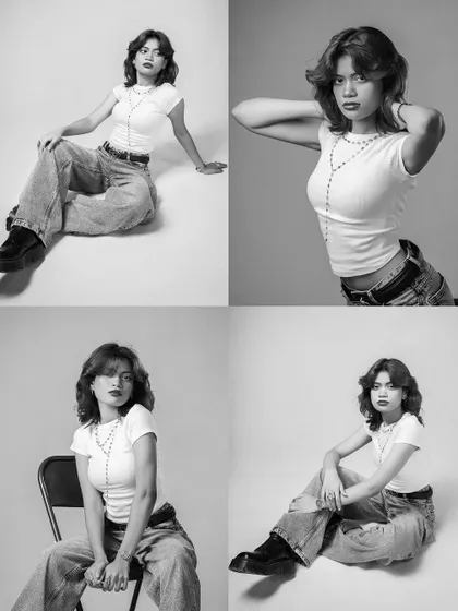 A collage of black and white portraits from a single shoot. This shows the variety of poses and expressions we can capture, creating a complete story in one image.