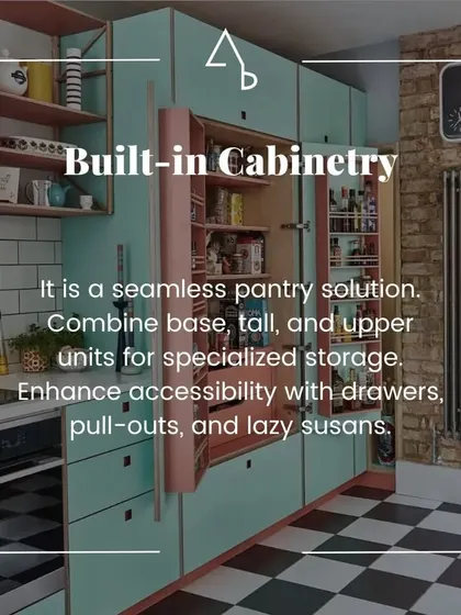 This post highlights built-in cabinetry as a seamless pantry solution, using pull-outs and drawers to enhance accessibility.