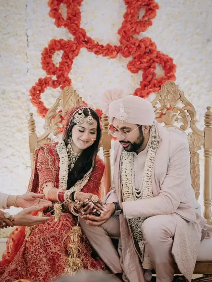 A collage of moments from a wedding ceremony, from the bride's entry and the couple's happy smiles at the mandap to the final celebrations, telling the story of their special day.