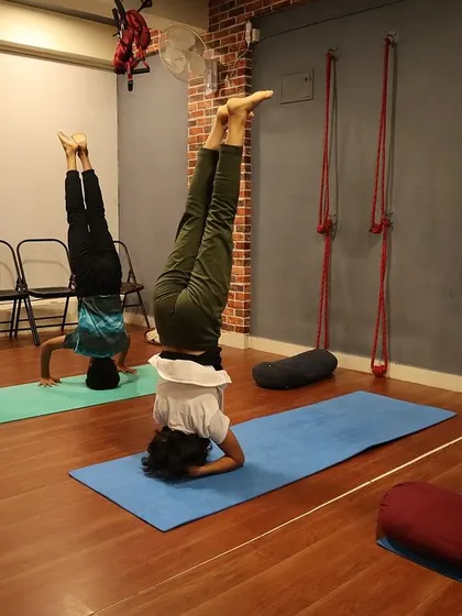 A line of young yogis holding a steady Sirsasana (Headstand), a testament to their focus and practice.