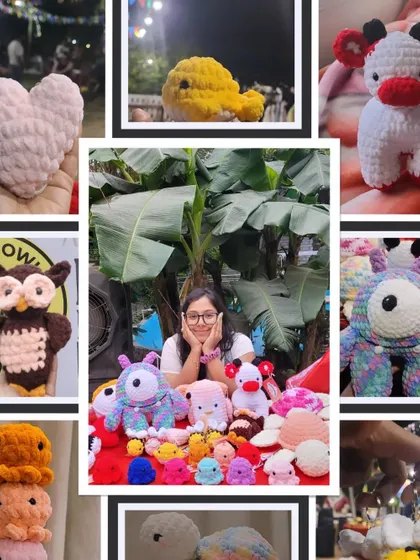 This collage shows me at my market stall, surrounded by a colorful variety of my handmade plushies. Come say hi and find your favorite cuddle buddy at my next pop-up.