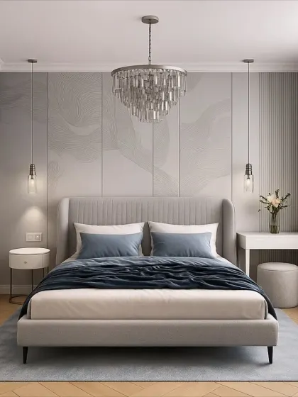 Classic elegance is updated with modern touches in this bedroom. We used a beautiful crystal chandelier as the centerpiece, complemented by simple pendant lights and a clean-lined bed frame for a balanced look.