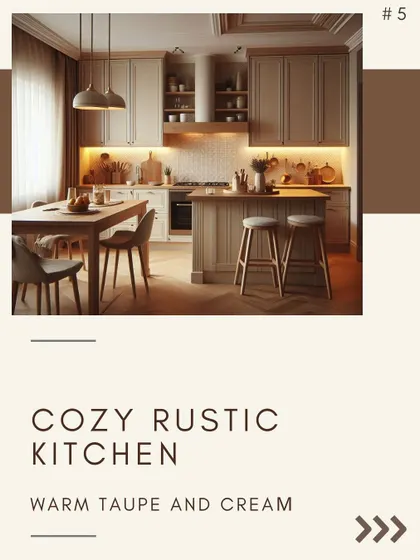 A cozy, rustic kitchen can be created with warm taupe and cream. This earthy palette, combined with wood textures, results in a warm and inviting space.
