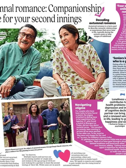 The full article from The Times of India on "Autumnal Romance," where I was quoted on companionship and love for your second innings. It's about finding a new sense of purpose and connection.