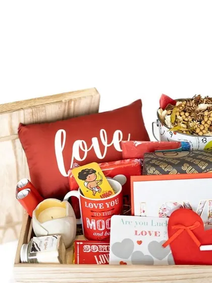 A closer look at the contents of my romantic wooden tray hamper, filled with items designed to express love and create a special moment.