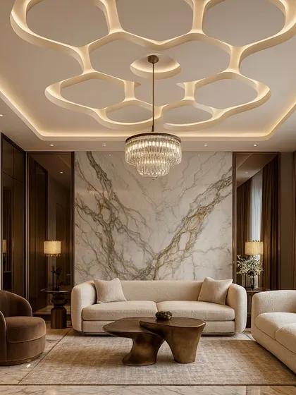 We created a stunning honeycomb pattern for this living room ceiling using raised gypsum panels. The integrated LED strips highlight the geometric shapes, adding depth and a futuristic feel that complements the luxurious interior decor.