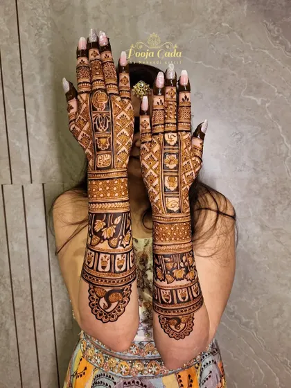 The back of the hands for an NRI bride from the US, showing intricate grid work and floral patterns.