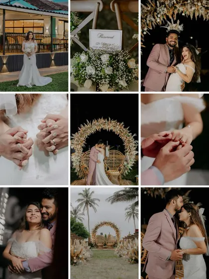 A grid collage showcasing the key moments of a beautiful beachside engagement, from the ring exchange to the celebratory kiss.