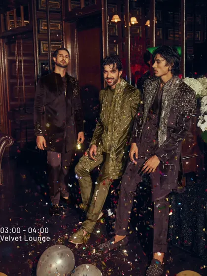 The party comes alive. This image, filled with confetti, showcases three distinct velvet looks in wine, olive, and deep purple, proving that my clothes are made for celebration.