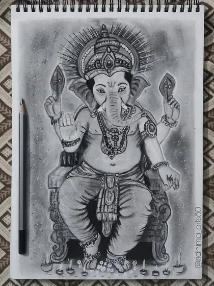 A full-figure sketch of Lord Ganesha, seated and surrounded by diyas. This pencil drawing on a sketchbook page shows a more traditional and detailed composition.