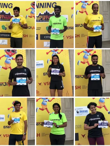 A collage of our runners posing with their bibs before the Bengaluru Marathon. Each runner ready to chase their goal.