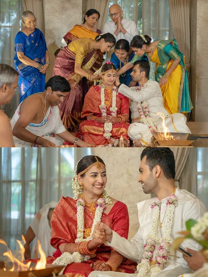 During the wedding ceremony, the drape must be both beautiful and functional. This collage shows the bride comfortably participating in rituals, with her red silk saree looking immaculate from every angle.