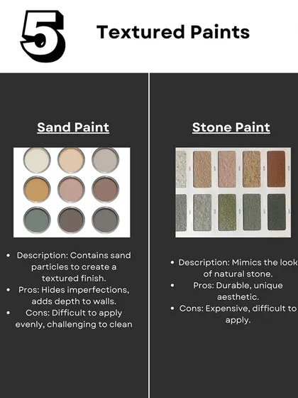 Textured paints, such as sand or stone paint, add depth and can hide imperfections. Sand paint creates a gritty texture, while stone paint mimics the look of natural stone for a unique aesthetic.