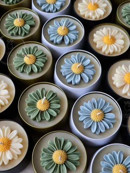 More of my freshly restocked Daisy tin candles, featuring the sage green and blue colors.