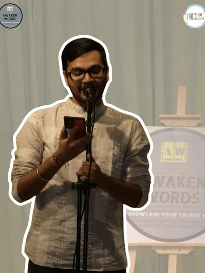 A poet deeply engrossed in his performance.