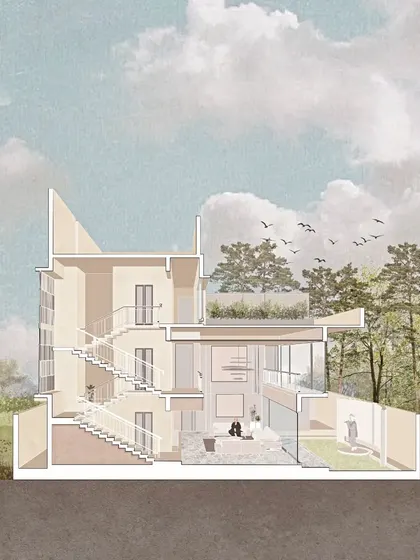 A sectional illustration of the Akiri Residence, cutting through the building to reveal the interior spaces and their connection to the outdoors. These drawings are powerful storytelling tools that explain the experience of living in the home.