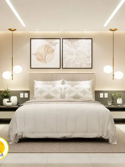 A serene and bright bedroom with a simple upholstered headboard, botanical art, and elegant globe pendant lights.