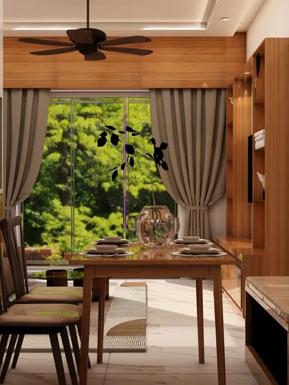 A view of the dining area from the previous render, highlighting the large window that brings in natural light and the efficient use of space with a bench against the wall.