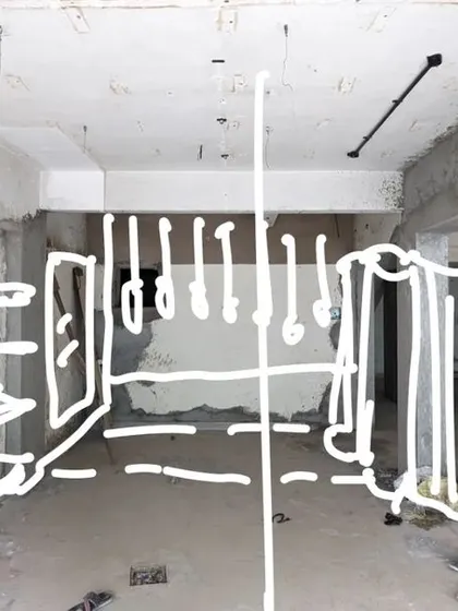 A wide interior view with a sketch overlay, conceptualizing the overall flow and division of space.