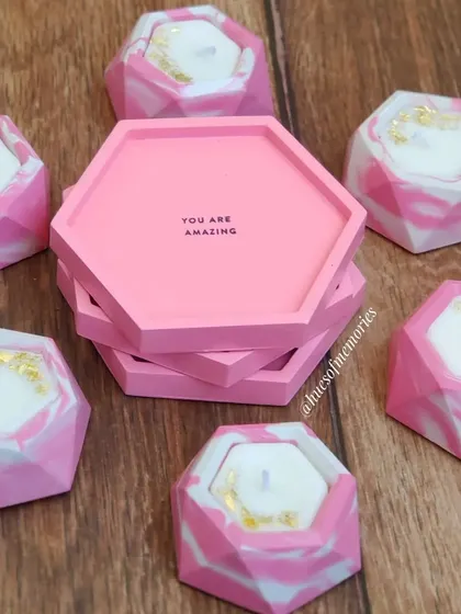 This lovely order features my hexagon candles and coasters in a beautiful pink marble pattern. Each candle has a unique fragrance, and the coasters have an inspiring message.