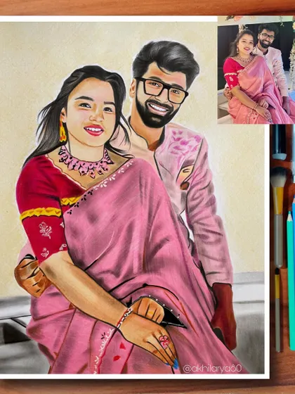 A sweet couple portrait on A3 paper, drawn with colored pencils. The soft pink tones and their happy expressions make this a very charming piece.