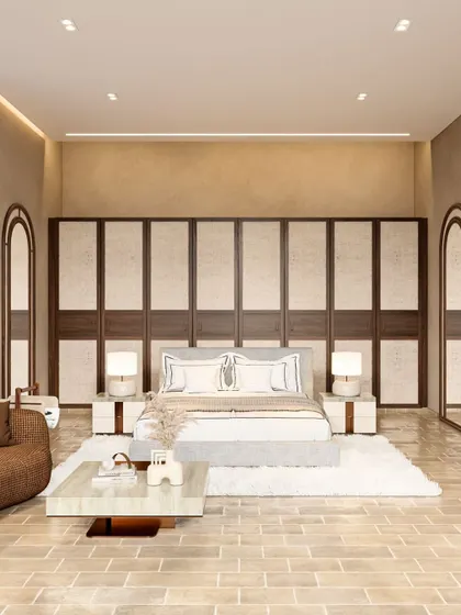 This view of the Siroi Lily bedroom showcases the custom wardrobe and the use of arches to create a soft, recurring motif. The design is a harmonious blend of form, texture, and a calming color scheme.