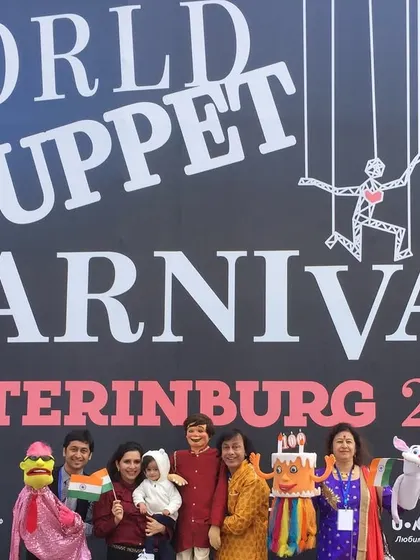 Posing in front of the official banner for the World Puppet Carnival in Yekaterinburg, 2018. It was an amazing gathering of puppeteers from around the world.